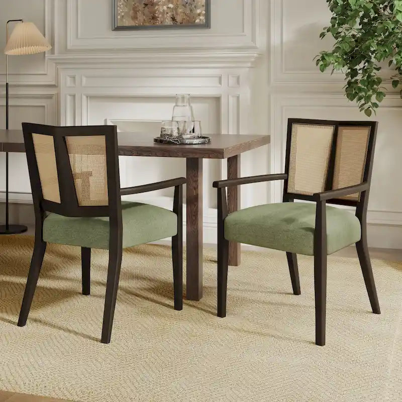 Mid-Century Upholstered Arm Dining Chair Set of 2 with Rattan Back