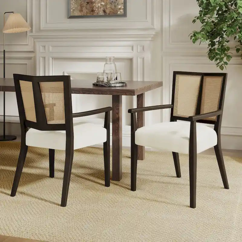 Mid-Century Upholstered Arm Dining Chair Set of 2 with Rattan Back