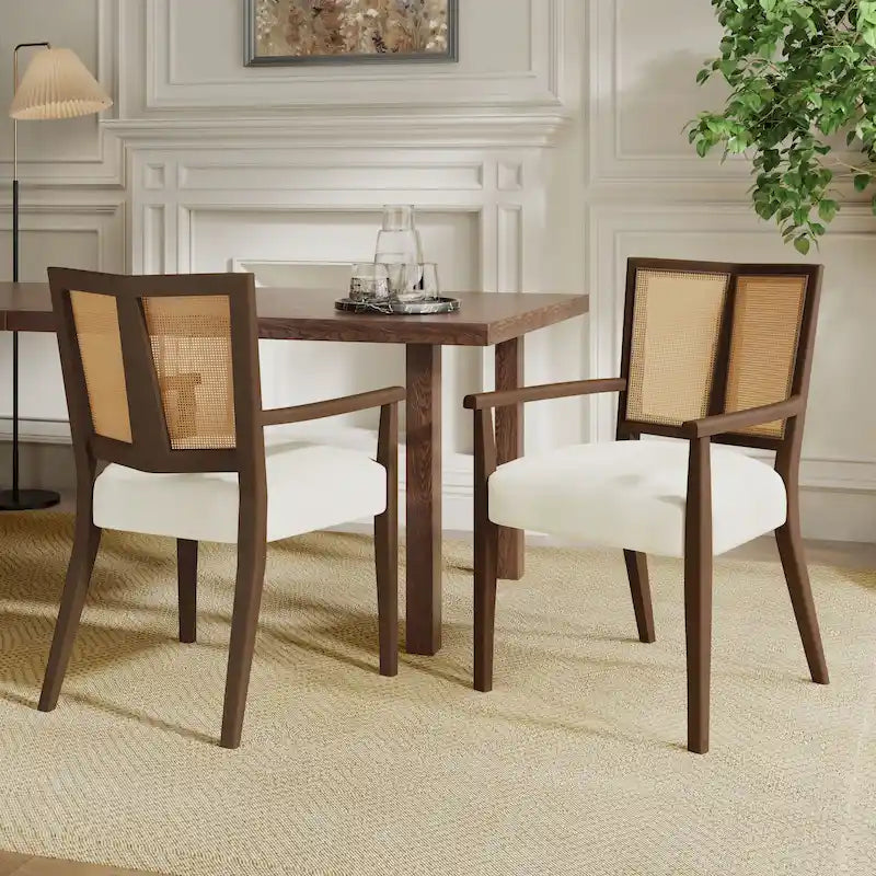 Mid-Century Upholstered Arm Dining Chair Set of 2 with Rattan Back