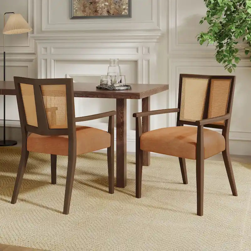 Mid-Century Upholstered Arm Dining Chair Set of 2 with Rattan Back