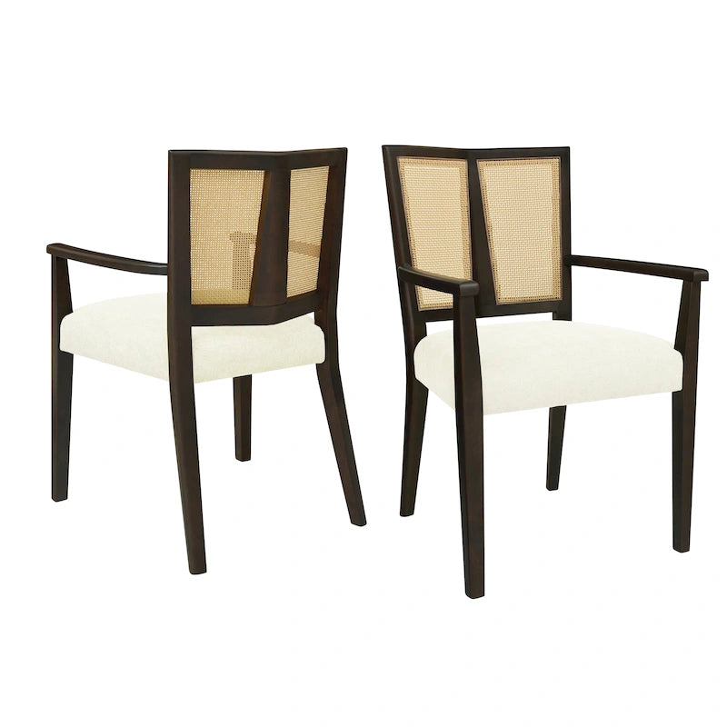 Mid-Century Upholstered Arm Dining Chair Set of 2 with Rattan Back