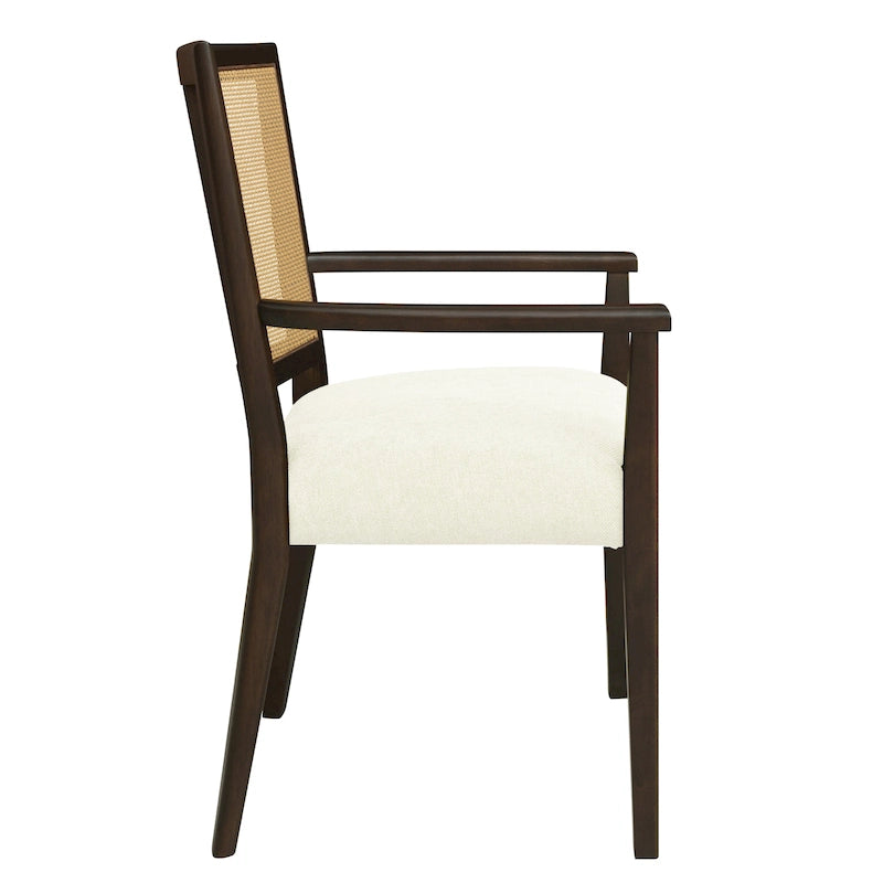 Mid-Century Upholstered Arm Dining Chair Set of 2 with Rattan Back