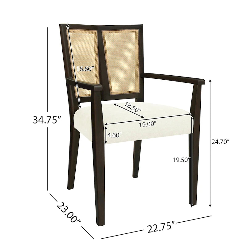 Mid-Century Upholstered Arm Dining Chair Set of 2 with Rattan Back