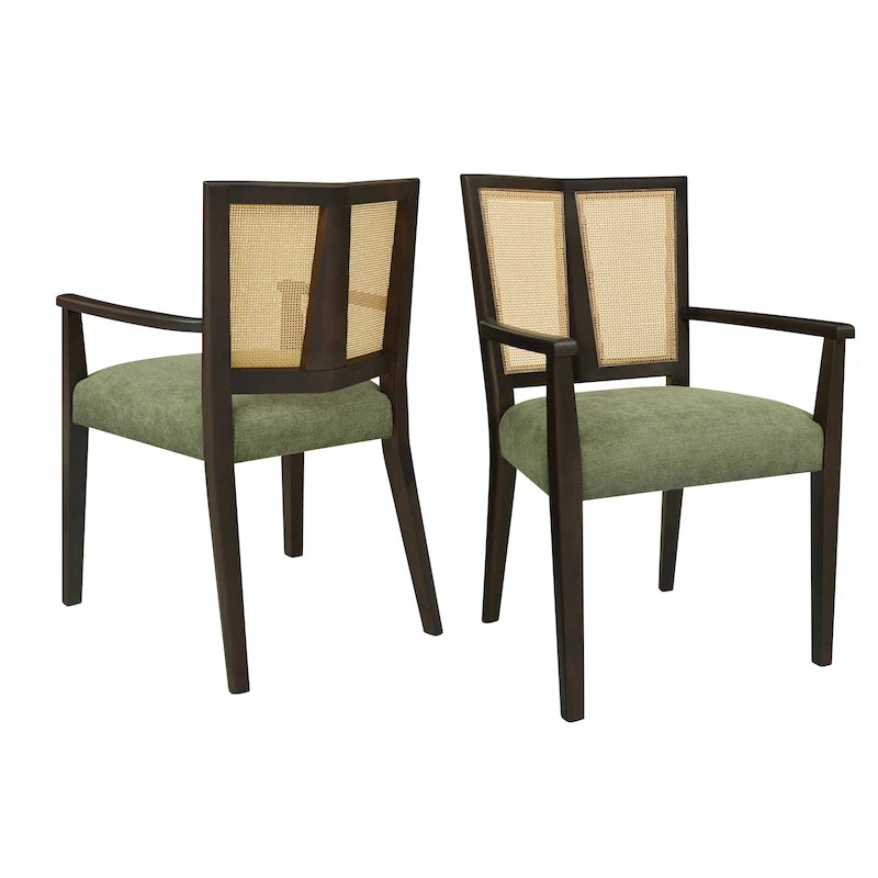 Mid-Century Upholstered Arm Dining Chair Set of 2 with Rattan Back