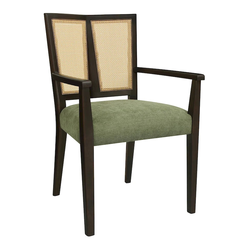 Mid-Century Upholstered Arm Dining Chair Set of 2 with Rattan Back