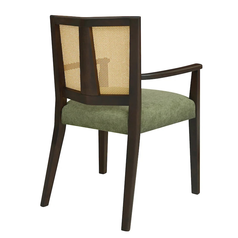 Mid-Century Upholstered Arm Dining Chair Set of 2 with Rattan Back