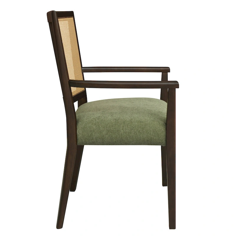 Mid-Century Upholstered Arm Dining Chair Set of 2 with Rattan Back