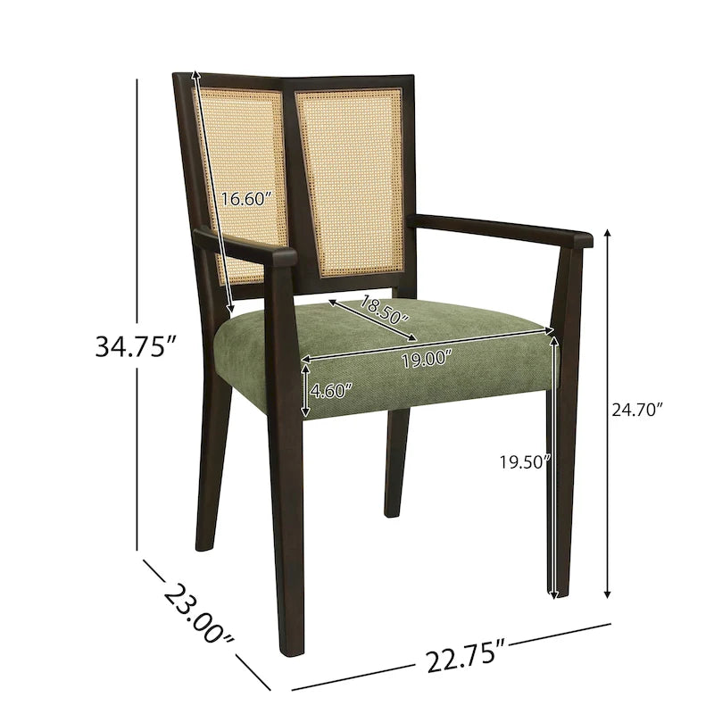 Mid-Century Upholstered Arm Dining Chair Set of 2 with Rattan Back