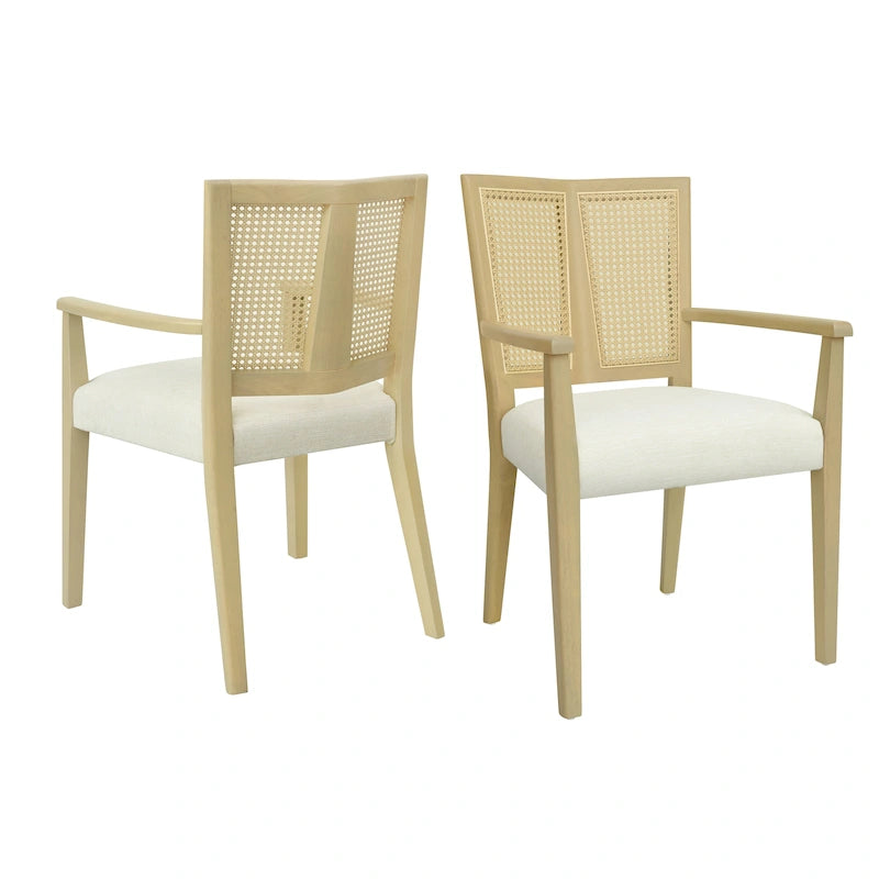Mid-Century Upholstered Arm Dining Chair Set of 2 with Rattan Back