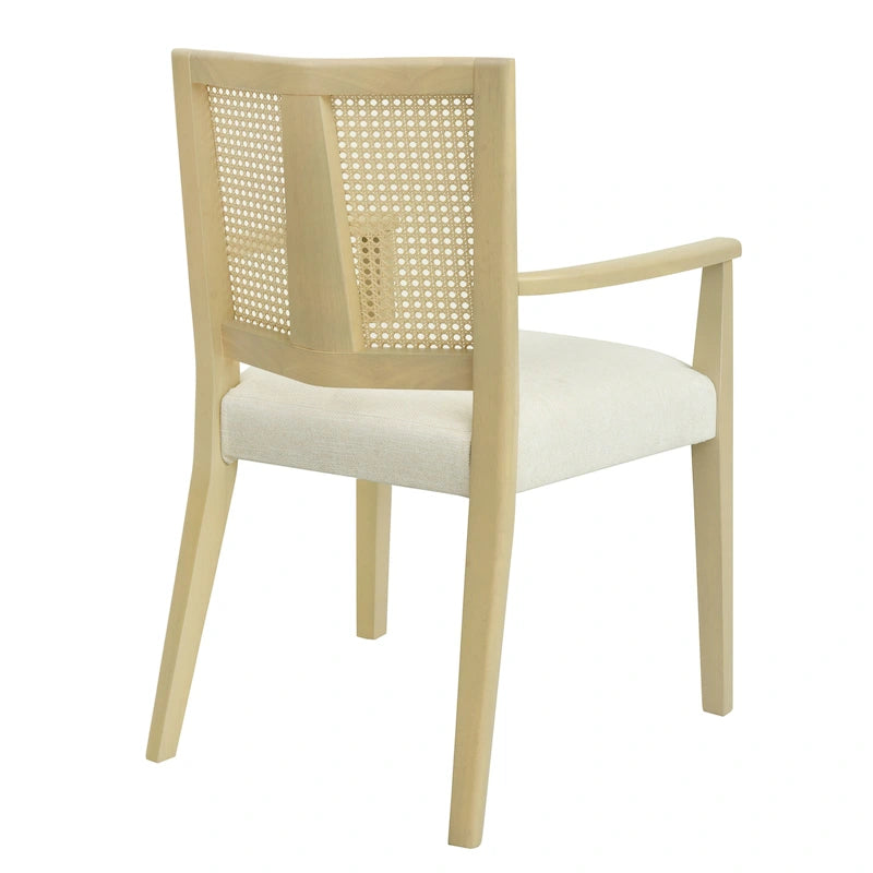 Mid-Century Upholstered Arm Dining Chair Set of 2 with Rattan Back