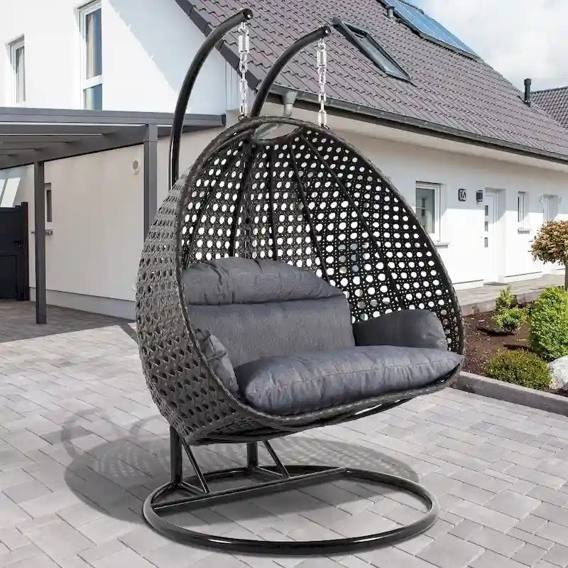 2 Person Hanging Egg Chair with Stand - Outdoor/Indoor Rattan Wicker Patio Swing with Cushions