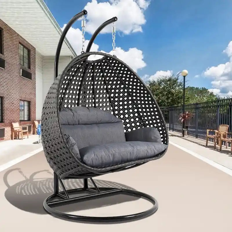 2 Person Hanging Egg Chair with Stand - Outdoor/Indoor Rattan Wicker Patio Swing with Cushions