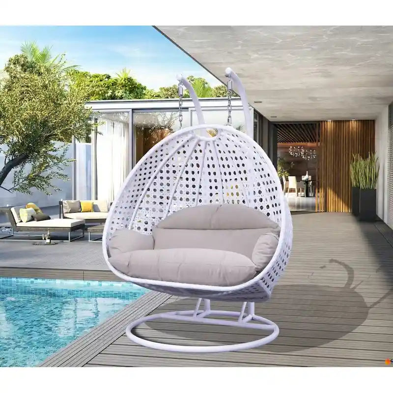 2 Person Hanging Egg Chair with Stand - Outdoor/Indoor Rattan Wicker Patio Swing with Cushions