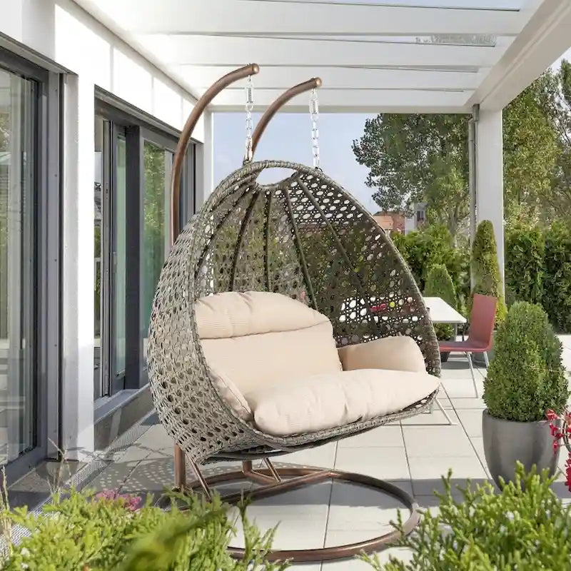 2 Person Hanging Egg Chair with Stand - Outdoor/Indoor Rattan Wicker Patio Swing with Cushions