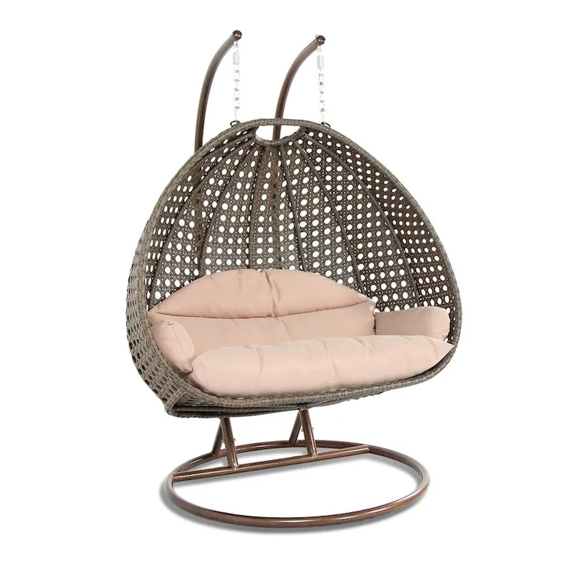 2 Person Hanging Egg Chair with Stand - Outdoor/Indoor Rattan Wicker Patio Swing with Cushions