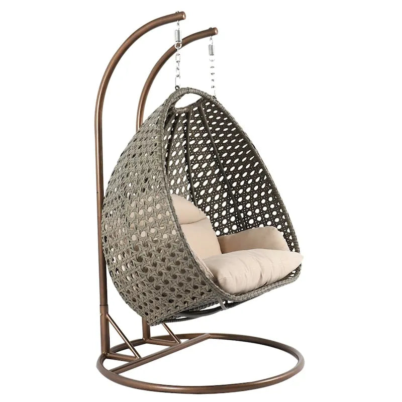 2 Person Hanging Egg Chair with Stand - Outdoor/Indoor Rattan Wicker Patio Swing with Cushions