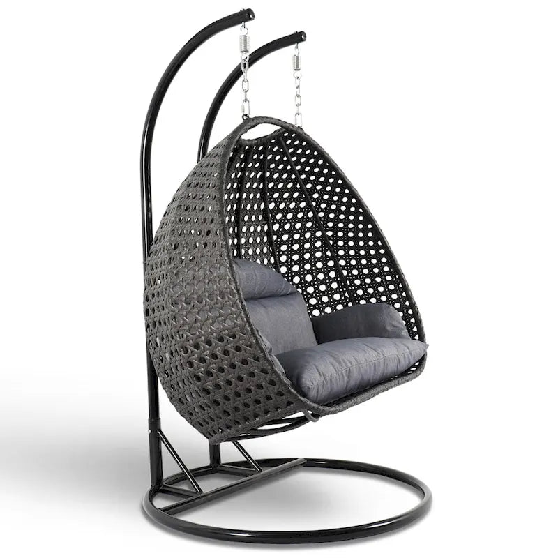 2 Person Hanging Egg Chair with Stand - Outdoor/Indoor Rattan Wicker Patio Swing with Cushions