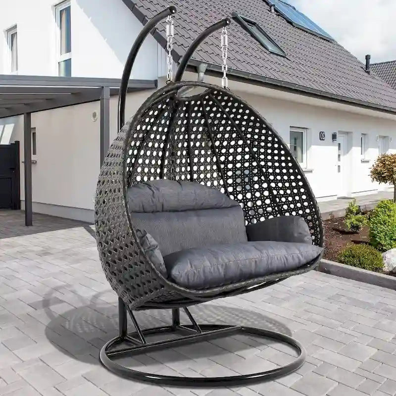 2 Person Hanging Egg Chair with Stand - Outdoor/Indoor Rattan Wicker Patio Swing with Cushions