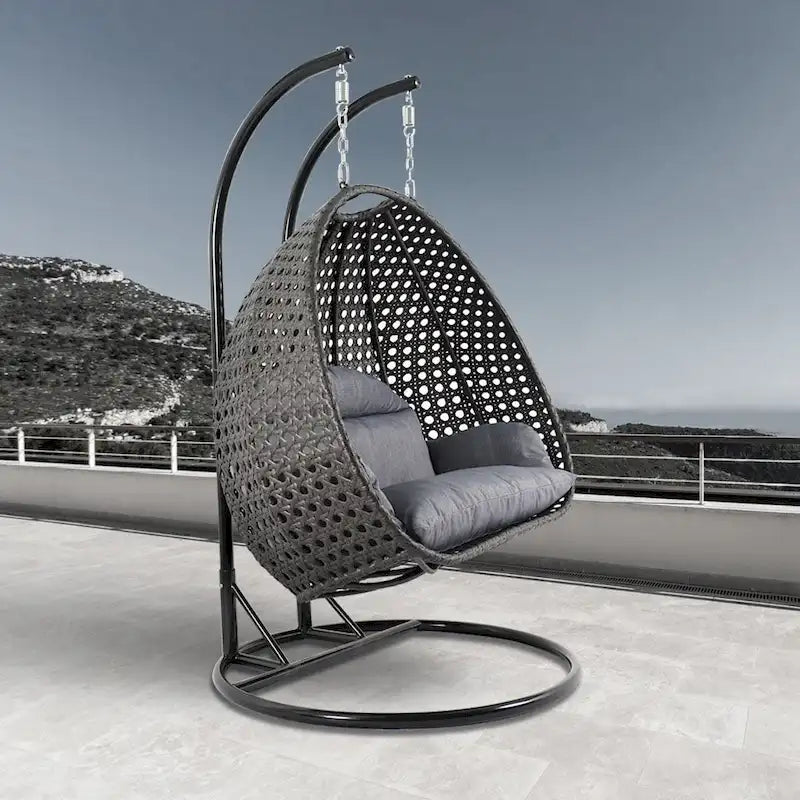 2 Person Hanging Egg Chair with Stand - Outdoor/Indoor Rattan Wicker Patio Swing with Cushions