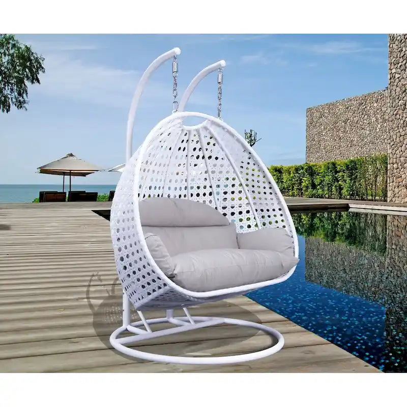 2 Person Hanging Egg Chair with Stand - Outdoor/Indoor Rattan Wicker Patio Swing with Cushions
