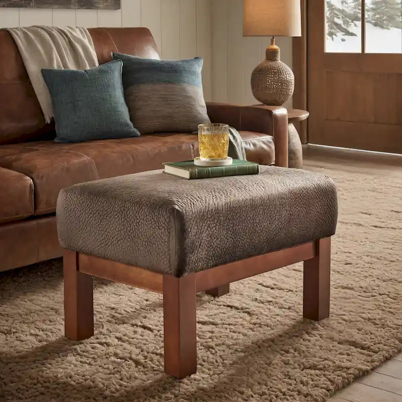 Mission-Style Upholstered Wood Ottoman