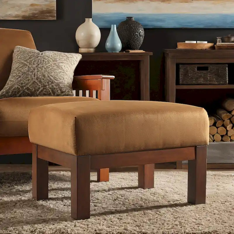 Mission-Style Upholstered Wood Ottoman
