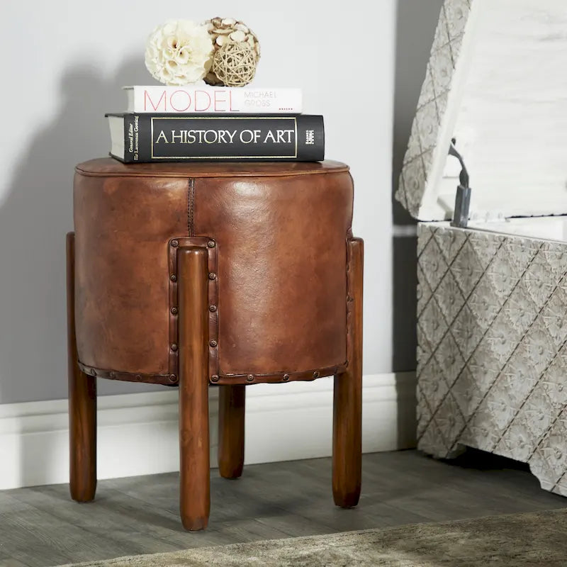 Teak Wood Handmade Upholstered Leather Stool with Wood Legs - Brown