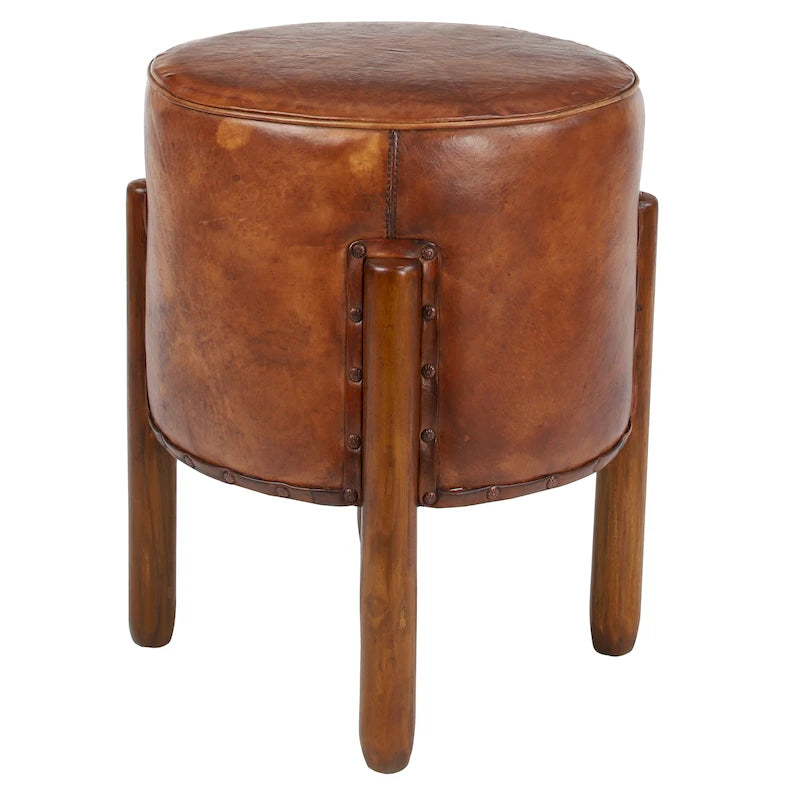 Teak Wood Handmade Upholstered Leather Stool with Wood Legs - Brown