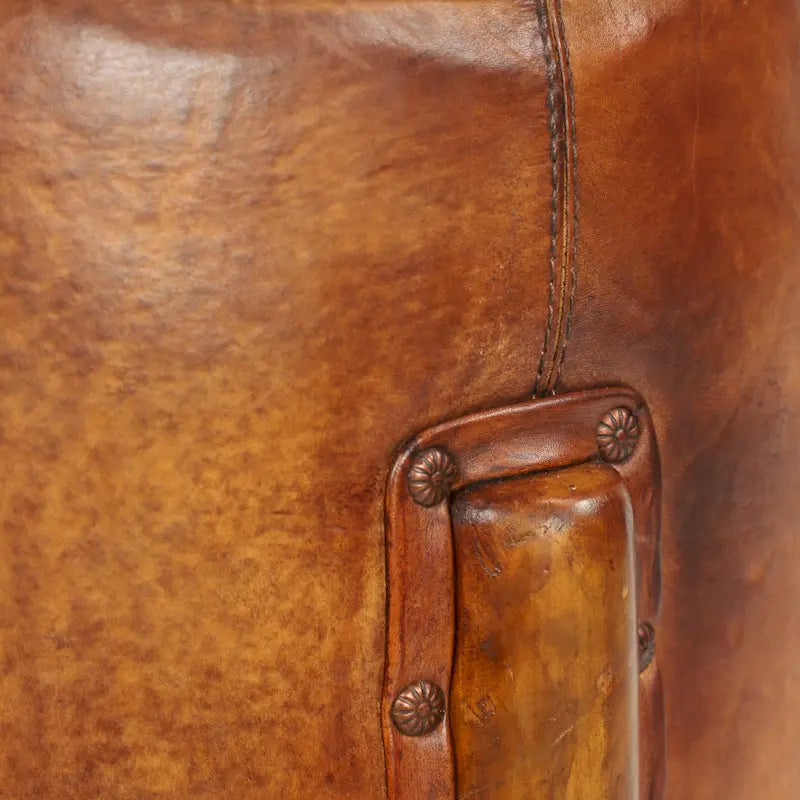 Teak Wood Handmade Upholstered Leather Stool with Wood Legs - Brown