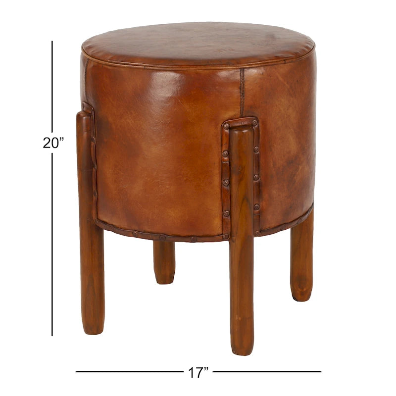Handgefertigter gepolsterter Hocker aus Teakholz und Leder mit Holzbeinen – Braun
