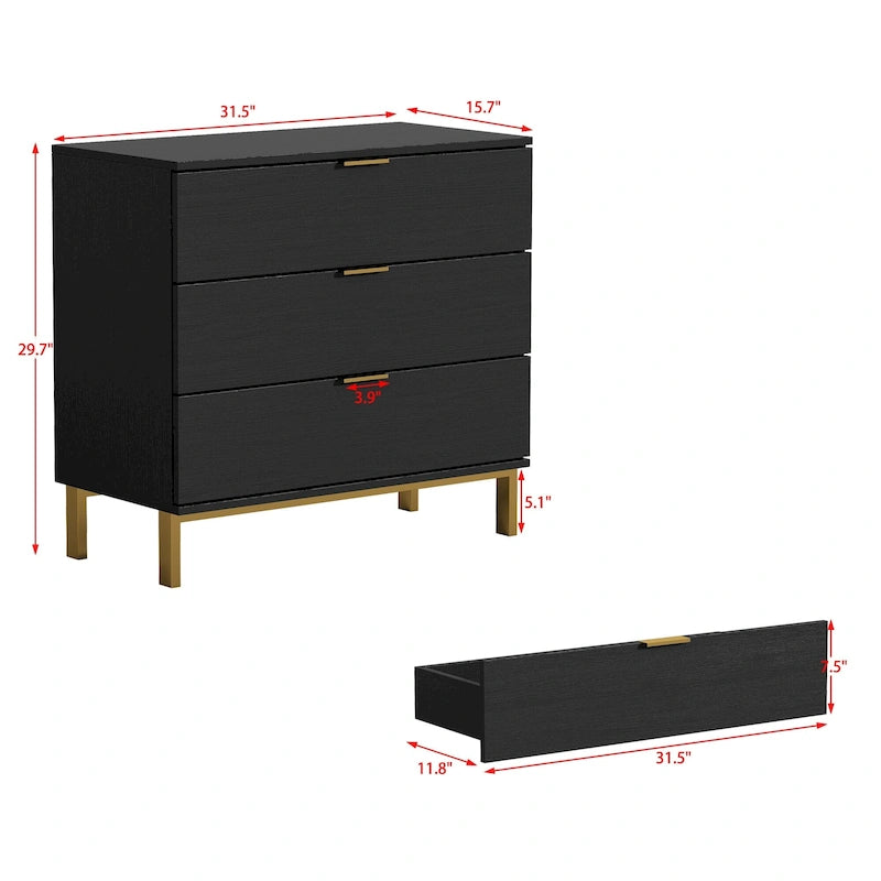 31.5W x 29.7H Wooden Nightstand with 3 Drawers End Table Black Chest
