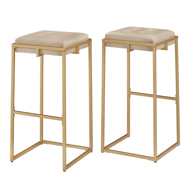 Gold Finish Velvet Button Tufted Bar Stools (Set of 2)