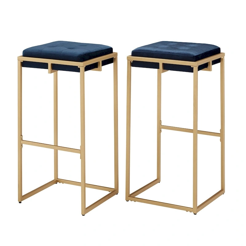 Gold Finish Velvet Button Tufted Bar Stools (Set of 2)