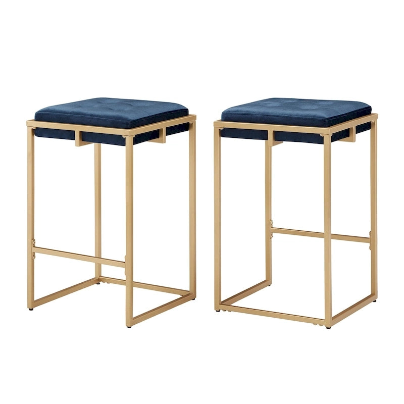 Gold Finish Velvet Button Tufted Bar Stools (Set of 2)