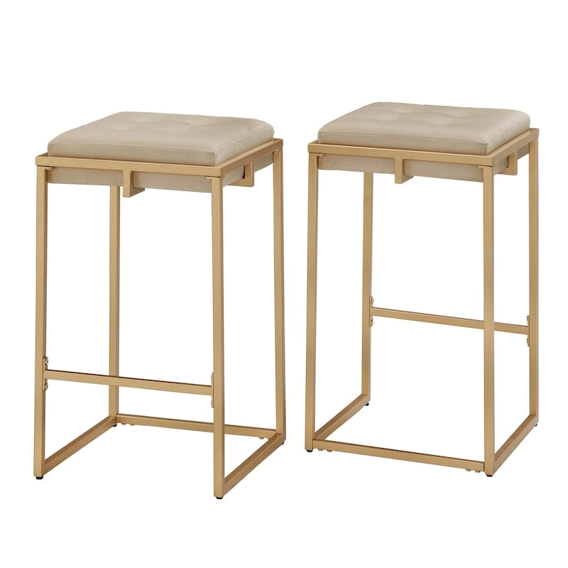 Gold Finish Velvet Button Tufted Bar Stools (Set of 2)