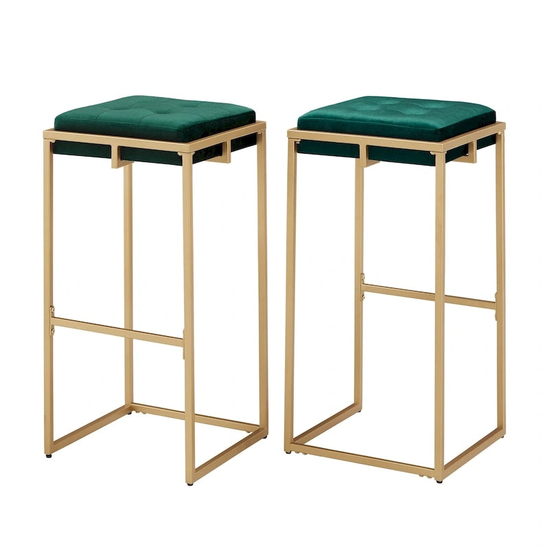 Gold Finish Velvet Button Tufted Bar Stools (Set of 2)