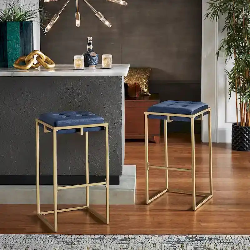 Gold Finish Velvet Button Tufted Bar Stools (Set of 2)