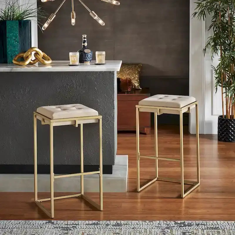 Gold Finish Velvet Button Tufted Bar Stools (Set of 2)