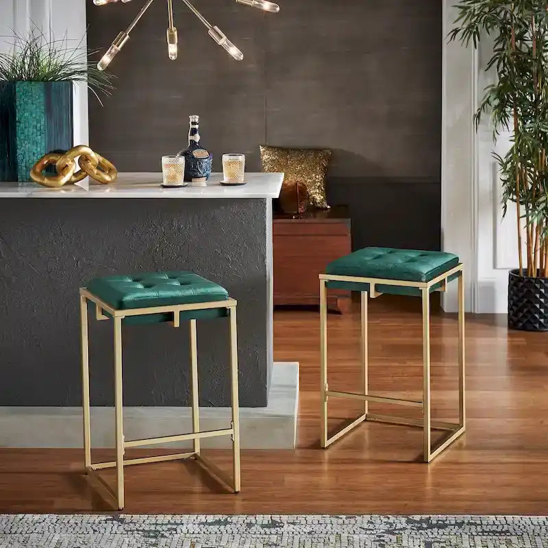 Gold Finish Velvet Button Tufted Bar Stools (Set of 2)