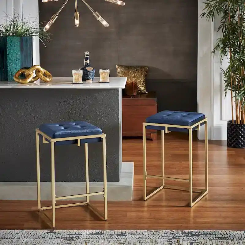 Gold Finish Velvet Button Tufted Bar Stools (Set of 2)