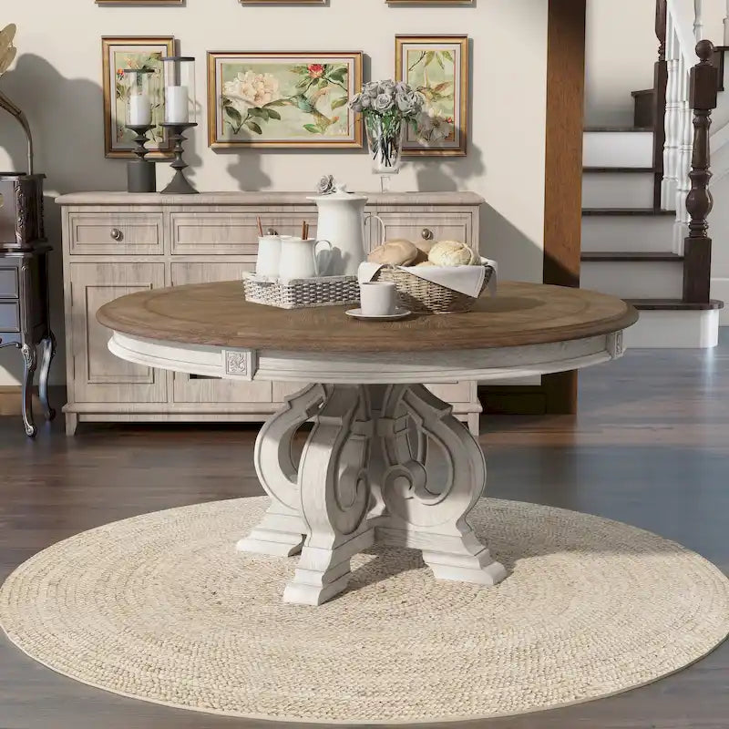 Farmhouse Antique White 60-inch Round Wood Dining Table