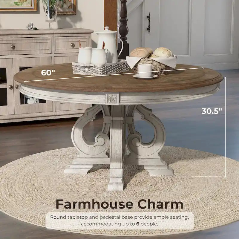 Farmhouse Antique White 60-inch Round Wood Dining Table