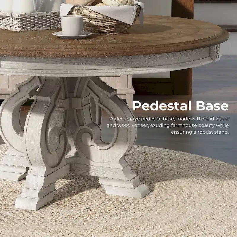 Farmhouse Antique White 60-inch Round Wood Dining Table