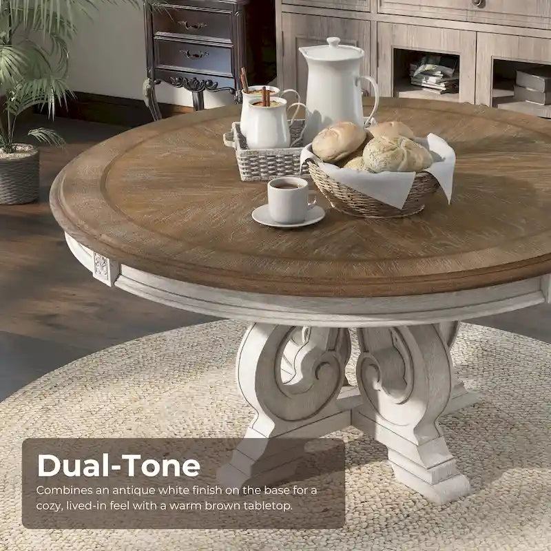 Farmhouse Antique White 60-inch Round Wood Dining Table