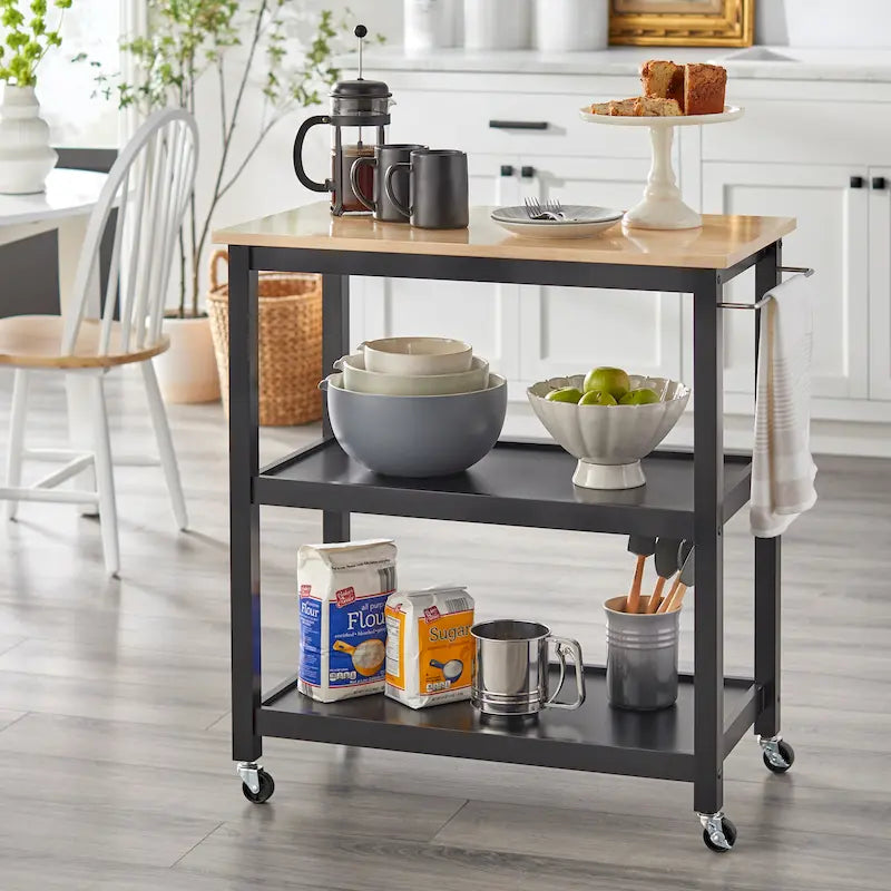 Rolling Kitchen Cart with Rubberwood Top