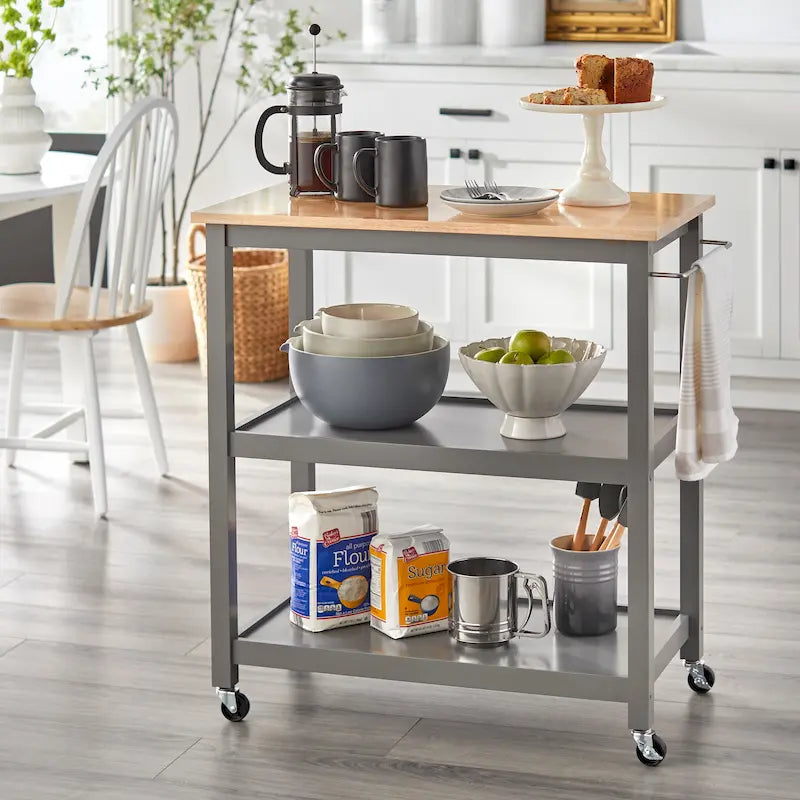 Rolling Kitchen Cart with Rubberwood Top