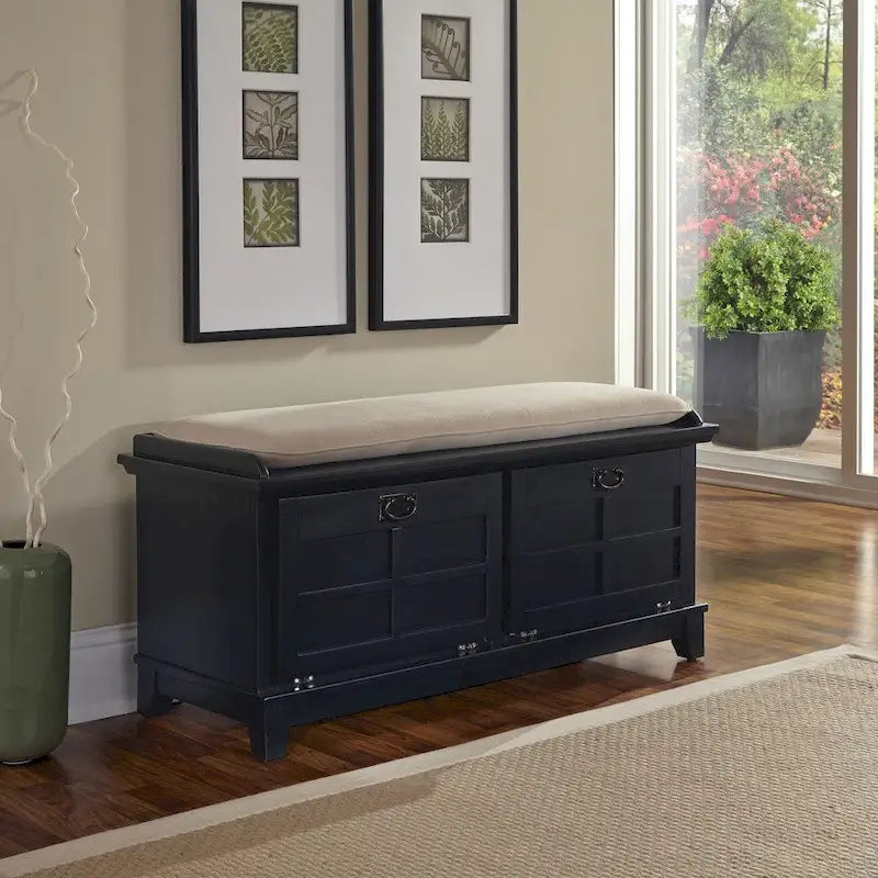 Mission-Style Upholstered Storage Bench with Drop-Down Doors