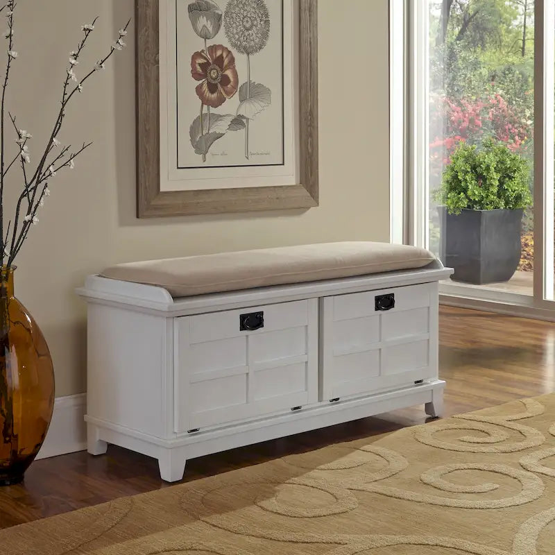 Mission-Style Upholstered Storage Bench with Drop-Down Doors