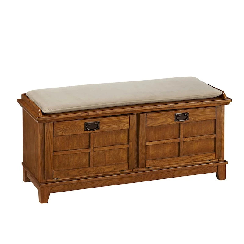 Mission-Style Upholstered Storage Bench with Drop-Down Doors