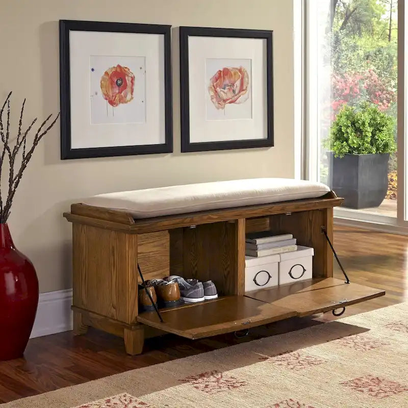Mission-Style Upholstered Storage Bench with Drop-Down Doors